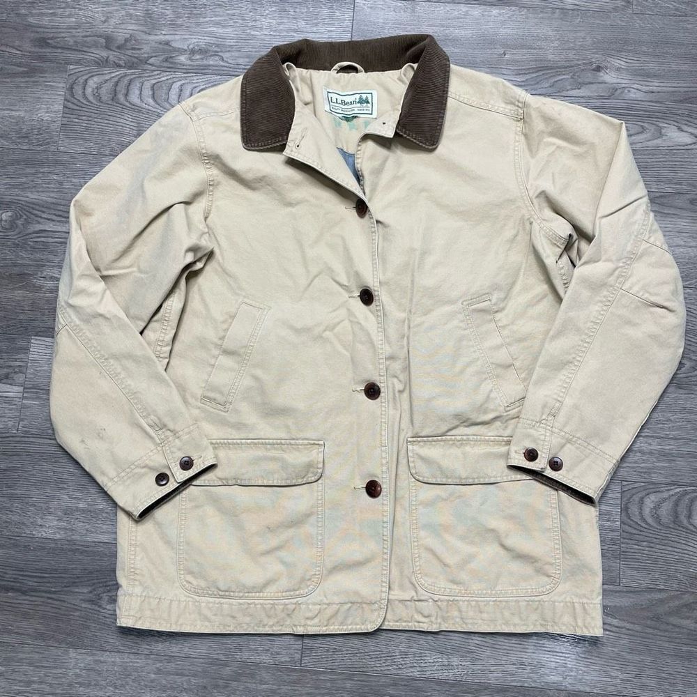 Vintage LL Bean Canvas Work Coat Jacket Mens Size XL Khaki Buttons Pockets